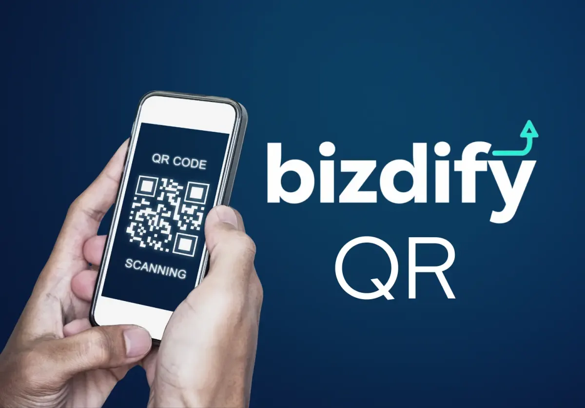 Bizdify QR — a phone scanning a QR code, its screen reading "QR CODE" and "SCANNING".