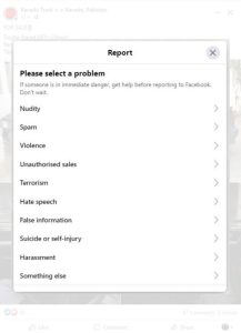Facebook post report options - Bizdify