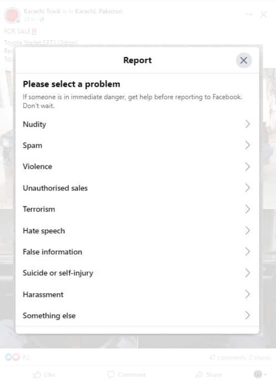 Facebook post report options - Bizdify